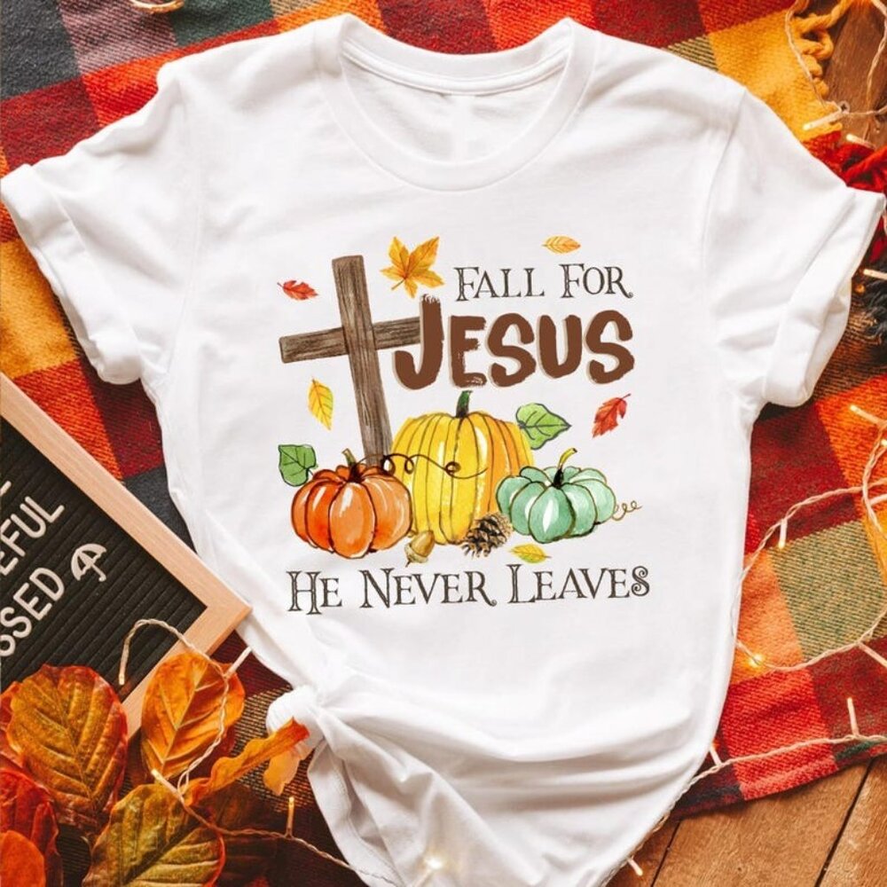 Fall For Jesus He Never Leaves T-Shirt, Pumpkin Halloween T-Shirt